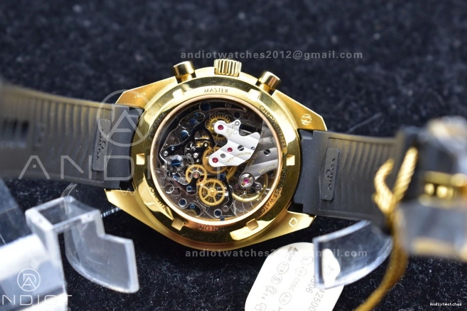 HighQuality RMF Edition in Moonshine Best Strap YG Dial Gold Black Rubber Moonwatch Speedmaster 456 on YG Manual Chrono 0216